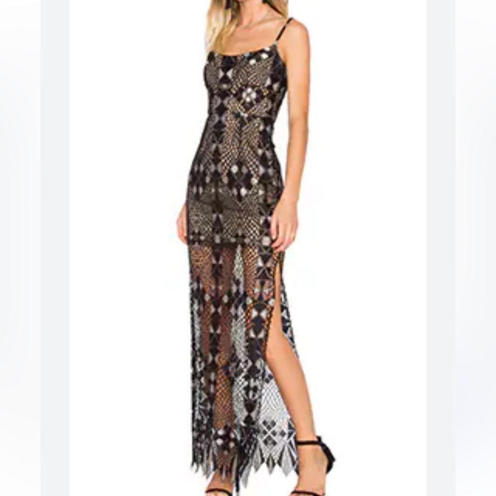 BCBG MAXAZRIA x Revolve Black Evelina Geometric Lace Maxi Dress Formal Cutout 0